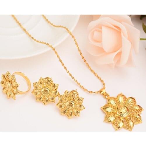 Gold african Ethiopian Flower Jewelry sets for Bride Wedding Jewelry Necklace pendant Earrings womenArab Jewelry Africa Gifts