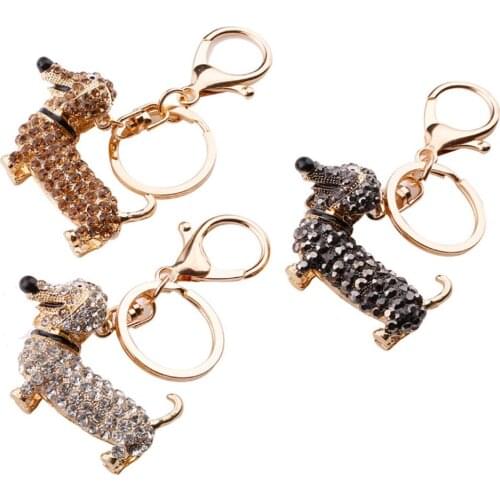Small Lovely Cute Rhinestone Dachshund Dog Design Keychain Bag Car Key Ring Charm Pendant Best Gifts for Purse 2020