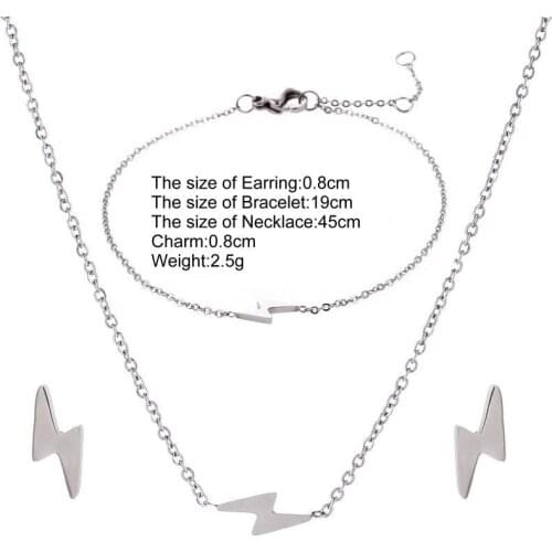 3 Pcs/Set Sliver Color Unique Design with Lightning Pendant Stainless Steel Earrings and Necklace and Bracelet Jewelry Sets