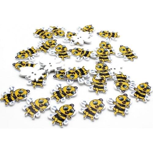 50pcs Lovely Cartoon bee Buttons Mixed 2 Holes Decorative Buttons Wooden natural Sewing Scrapbooking accessories