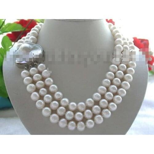 FREE SHIPPING>>>@@ > 3rows 20" Genuine Natural 12mm Rould white Pearl Necklace mabe clasp!^^^@^Noble style Natural Fine jewe