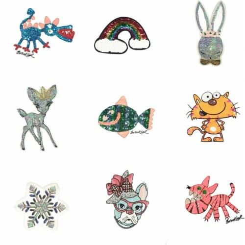 Large sequined embroidery big fish dinosaur deer dogs cats rabbit tiger rainbow cartoon patches for clothing CA-35