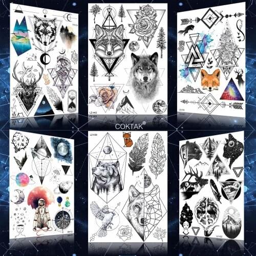 Tribal Black Fox Bear Triangle Sketch Wolf Feather Tattoos Stickers Women Geometric Tattoo Temporary Arm Wholesale Tatoos Men