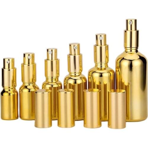 50PCS Gold Glass Bottle Cosmetic Packaging Serum Lotion Pump Spray Bottle Atomizer 10ML-100ML