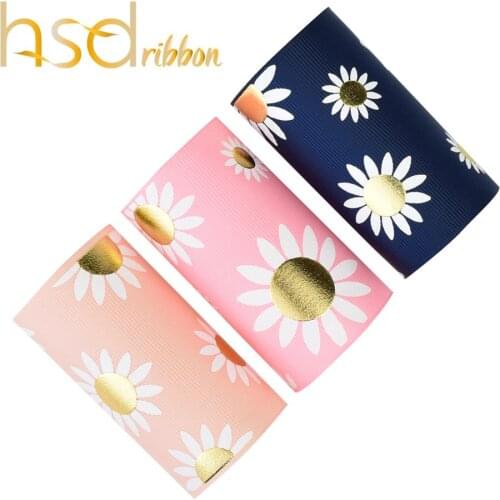 HSDRibbon 75MM 3 inch designer custom hsd-design Sun flower gold Foil with white ink Printed on Solid Grosgrain Ribbon