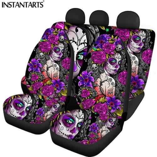 INSTANTARTS Day of the Dead Sugar Skull Design Easy Clean Car Interior Protector Car Seat Covers Stylish Front/Back Seat Cover