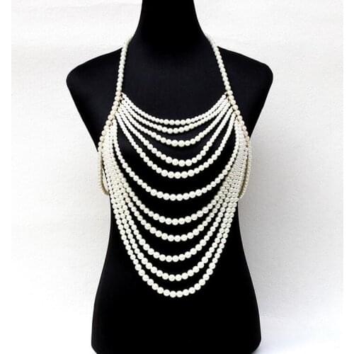 Exaggerated multi layer pearl chain tassel beaded harness necklace halter women sexy wedding bridal body jewelry