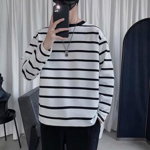 2020 summer Fashion Men Stripe Long Sleeve Round Neck Loose Fit T-shirt Basic Top Blouse daily wear футболка мужская