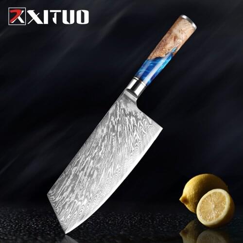 Xituo 7.5 Inch Nakiri Chef Knife Damascus Japanese Kitchen Knife Slicing Meat Vegetable Cleaver Butcher Knife Blue Resin Handle