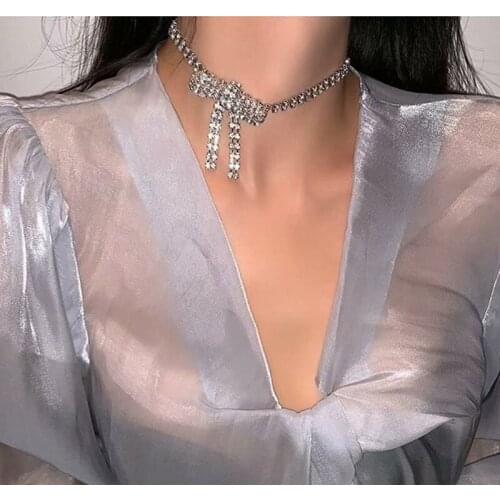 Simple Full Bowknot Women Necklace Chokers Neck chain Rhinestone Shining Crystal Korean Charm Neck jewelry Gift Party