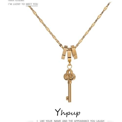 Yhpup 316L Stainless Steel Necklace Romantic Gold Circle Key Pendant Necklace Water Wave Chain Jewelry for Female Christmas Gift