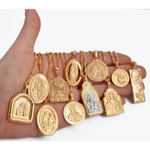 Anniyo (1piece) Religious Jewelry Virgin Mary, Jesus, Orthodox, Mosque Charm Pendant Chain Necklaces for Women Girls