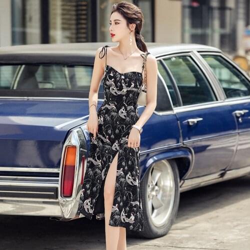 Printing Sexy V Neck Maxi Dress Women Spaghetti Strap Sleeveless Backless Side Split Long Dresses 2021 summer Lady Vestido