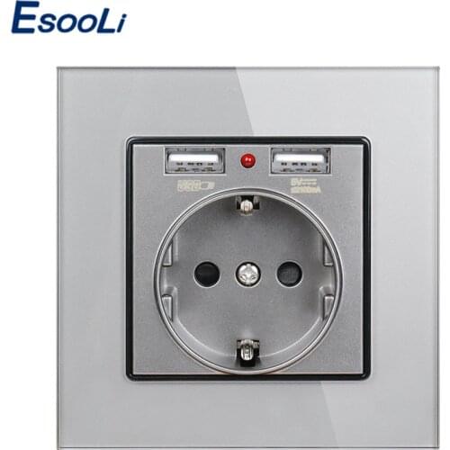 Esooli Crystal Glass Panel Dual USB Charging Port 2.1A 16A Russia Spain Wall Socket EU Power Outlet White/Black/Gold/Grey