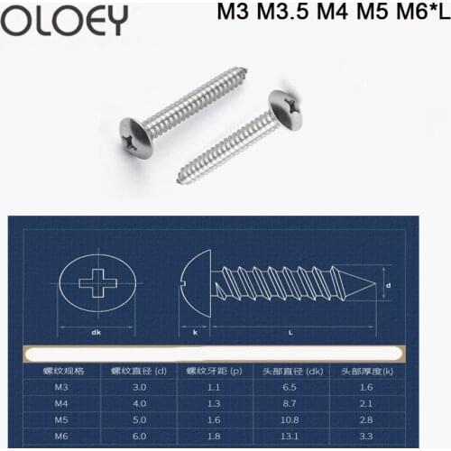 Self-tapping Truss Screws Round large Flat round Head Cross Mushroom Phillips Screws 304 Stainless Steel M3 M3.5 M4 M5 M6*L