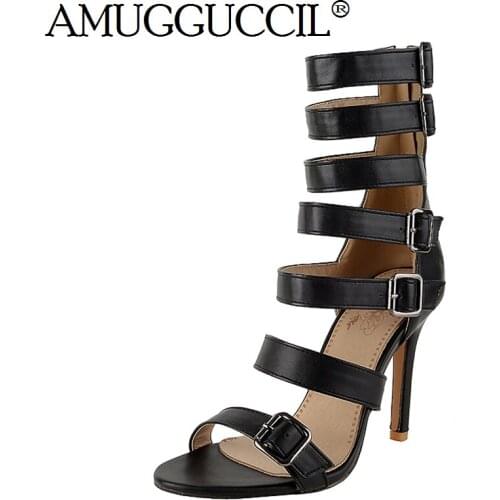 Plus Big Size 32-46 Black Red Pink Zip Bcukle Fashion Sexy High Heel Summer Female Lady Women Sandals L928