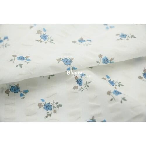 Thin Section, Slightly Transparent French Style Small Rose, Sky Blue Floral, Printed Bubble Cotton High-count Cotton Fabric