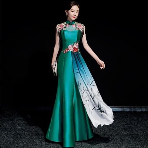 Green Temperament Evening Party Dress Embroidery Floral Banquet Dress With Tassel Noble Slim Mermaid Dress Hostess Dress S-3XL