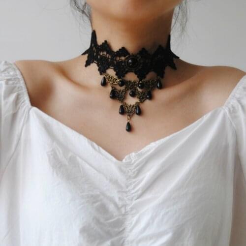 Vintage Lace Beads Necklace & Pendant Choker Necklace for Women Accessories False Collar Lady Gothic Party Jewelry