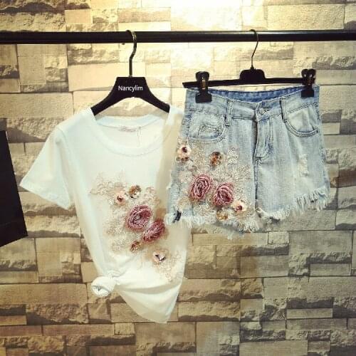 2020 Summer New Women Flower Diamond Cotton Shirt Tshirt + Wide-legged Jean Shorts Girl Ladies High Waist Hole Denim Shorts Set