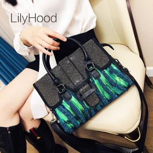 Women Fashion Paillette Rhinestone Quality Vegan Leather Handbag Lady Summer Luxury Designer Artificial Leather Messenger Bag