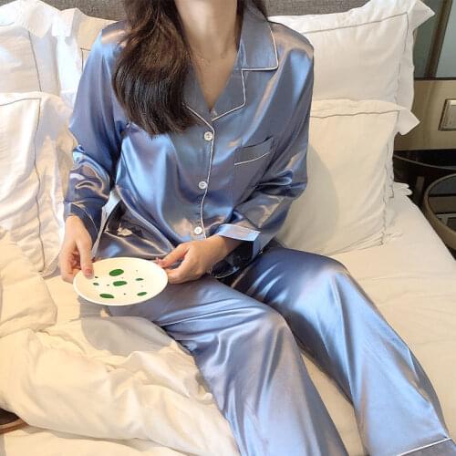 Womens ice Silk Pajamas Sleepwear Set Women Pajama Set 2Piece/Suit Top Long Sleeve Belt blouse Pant Homewear Satin