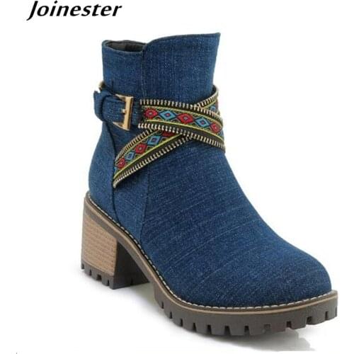 Women Ankle Boot Ladies Winter Shoes Denim Martin Boots Woman Buckle Booties Chunky Heels Casual Shoes Fashion Short Boots