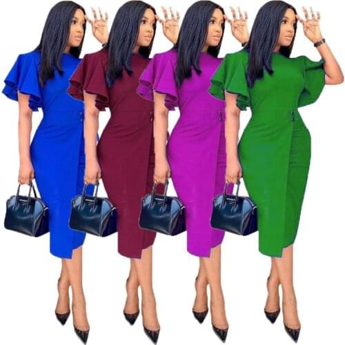 Women Elegant Dresses Bodycon ruffle Sleeves Knee Length Office Ladies Modest Elastic Vestidos Wine Red Blue Package Hip Robes