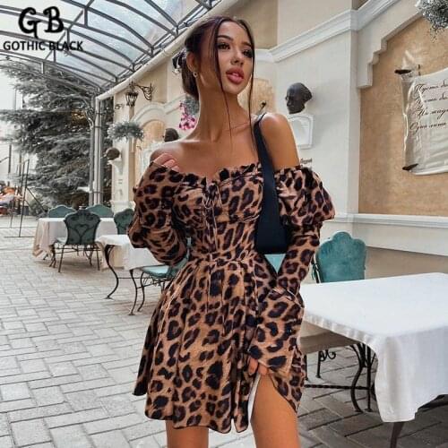 Gothblack Dress Leopard Slash Neck Low Cut Long Puff Sleeve Sexy Fashion Bodycon Dress Party Club Lady Streetwear Women Clothes