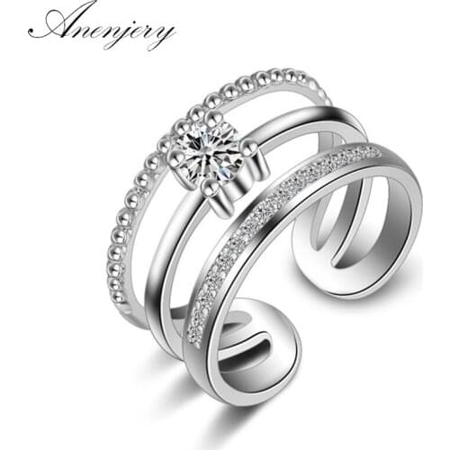 ANENJERY 925 Sterling Silver Korean Style Multi-layer Wedding Rings For Women Dazzling Zircon Crystal Opening Ring S-R239