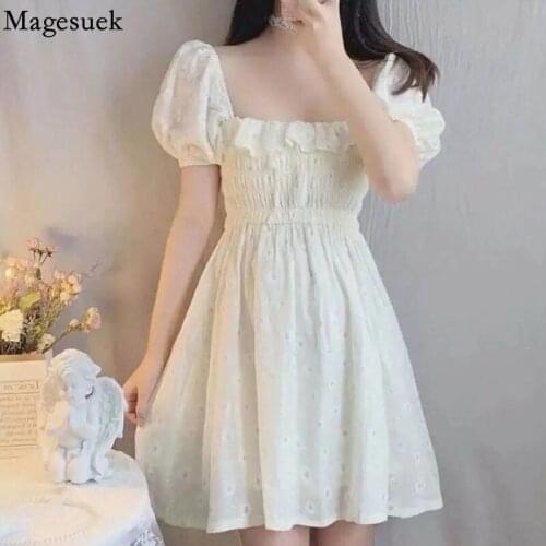 Square Neck Summer Dress Women Sexy Ruffles Puffed Sleeves Bow Floral Dresses Slim Waist New 2021 Girls Pleated Dresses 14957