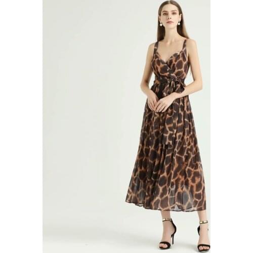 S-XXLHigh quality 2020 summer new fashion leopard print high-grade silk fabric smooth and soft sling Slim lace scarf woman dress