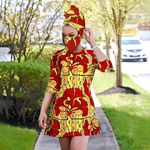 2021 African print dress outfit for women dashiki top shirts+headwrap+mask headband traditional wax party dress plus size