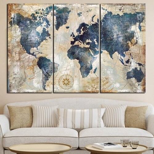3 Panels Abstract Art World Map Canvas Paintings on The Wall Art Posters Prints Wall Pictires for Living Room Home Wall Decor