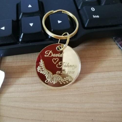 50 Pieces 3*3 cm Personalized Circle Keyrings Wedding Engraved Keyring Gold / Silver Mirror Party Favors Round Key Chain