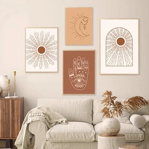 Abstract Mystic Hand Sun and Moon Scene Canvas Prints Painting for Living Room Home Decor Boho Sunburst Wall Art Picture Posters