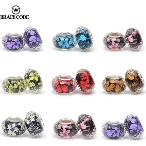 BRACE CODE 2Pcs/lot Flower Shape Glass Beads Fit Original Brand Bracelet Big Hole Crysrtal Charm European Beads Jewelry Making