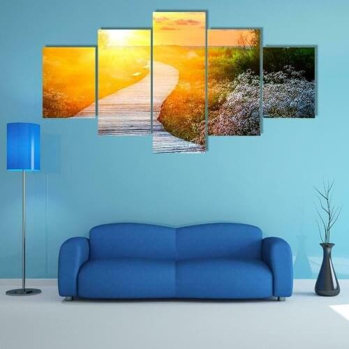 Wooden Path Sunshine Landscape 5 Panel Canvas Picture Print Wall Art Canvas Painting Wall Decor for Living Room Poster No Framed