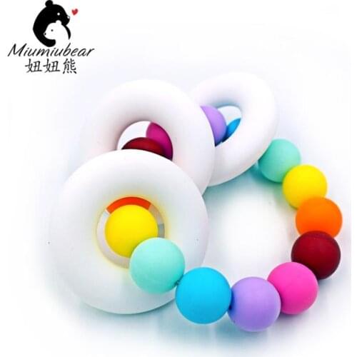 Baby silicone teether ring chewable bracelet rainbow beads silicone toy teething shower gift food grade BPA FREE