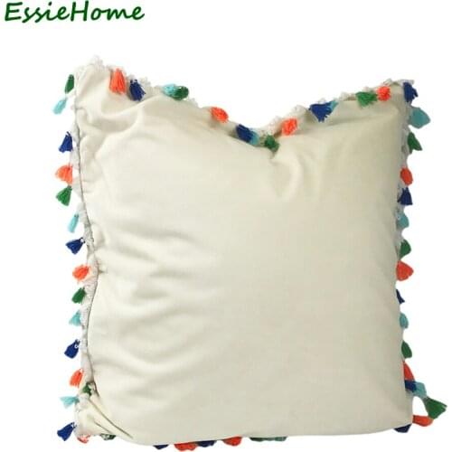 ESSIE HOME Cute Soft Velvet Tassel Trim Cushion Cover Pillow Case Tassel Pillow Case Cushion Cover Lovely Childrens Room Decor