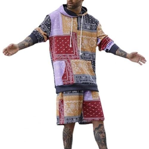 Mens Set Autumn Bohemia Print Top Shorts Set Elastic Waist Long Sleeve Hooded Top Shorts Set Fashion Men Two Pieces Male Clothes