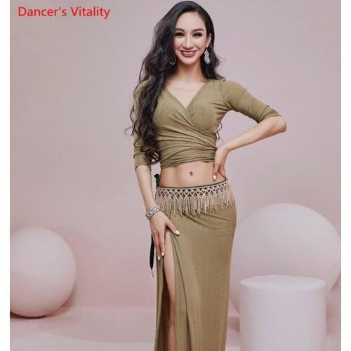 Belly Dance Suit Bandage Sequins Top Long Skirt Practice Clothes Set Female Adult Temperament Performance Clothing
