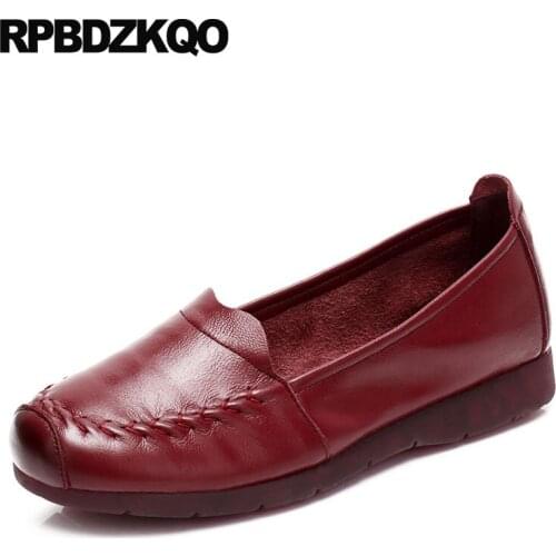 Round toe women hollow out breathable elderly wide fit shoes ladies chinese red wine large size sandals flats slip resistant