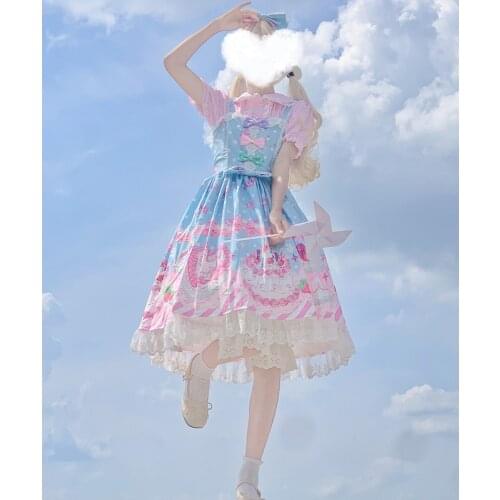 2021 Summer Japanese Lolita Girly Dress Cartoons Print Kawaii Cute Vintage Ruffle Bow Jsk Strap Dress Women Sweet Princess Dress
