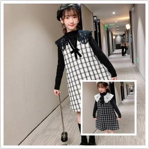 Girls' Boutique Suits Autumn Teen Girl Black Cotton T shirt+Plaid Lace Sleeveless Princess Dresses 2Pcs Sets Children Suits