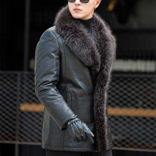 Male Raccoon Fur Collar Long Fur One Leather Mens Jacket Large Fur Warm Plus Size 4XL 5XL Winter Real Sheep Leather Coat MZ3267