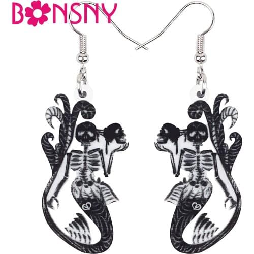 BONSNY Halloween Acrylic Horrror Fish Skull Ghost Siren Skeleton Earrings Novelty Big Drop Dangle Magic Jewelry For Women Girls