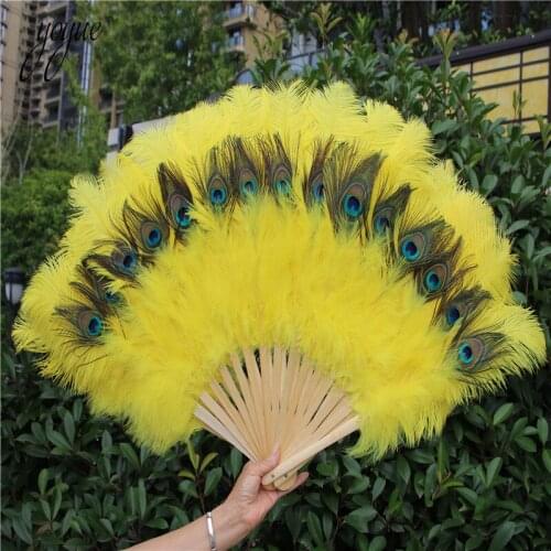 Wholesale 1pcs Yellow Elegant Ostrich Feather Fan Halloween Party Celebration Performance Crafts Props DIY Peacock Feather Fan