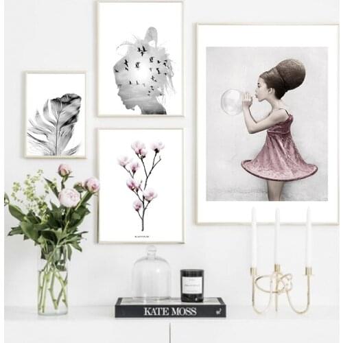 Nordic Posters And Prints Flowers Feather Wall Art Canvas Painting For Girls Wall Pictures For Living Room Abstract Wall Decor