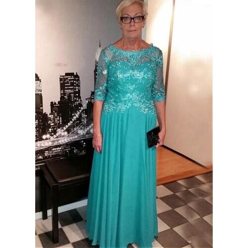 Mother of The Bride/Groom Dresses for Wedding Party Chiffon Illusion Half Sleeves Appliques Women Blue Evening Farsali Plus Size